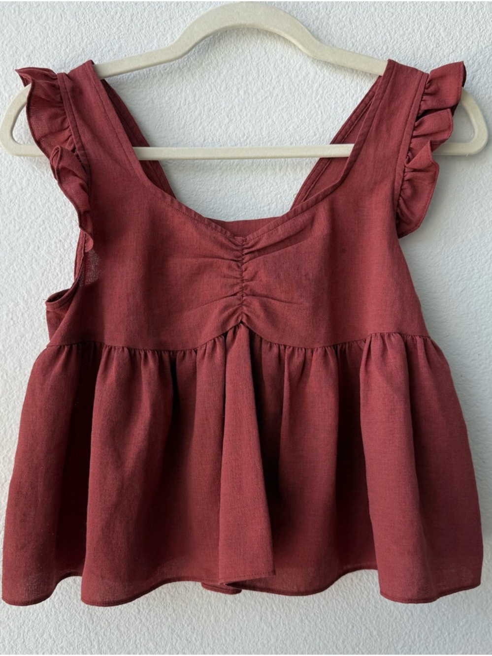 Frilled Ruffle Sleeveless Gathered Ribbon Back Peplum Cropped Top Brown Red